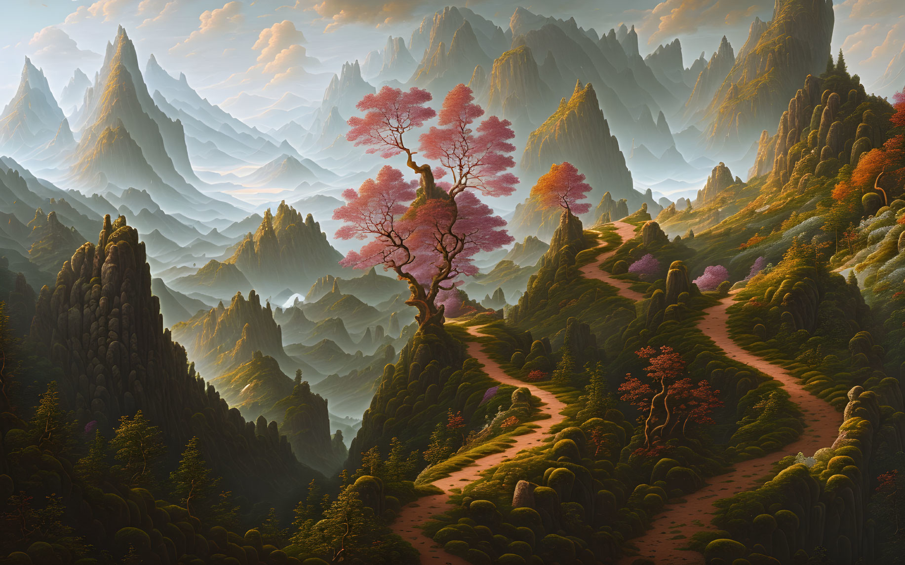 Ethereal landscape with pink blossom trees and misty mountains