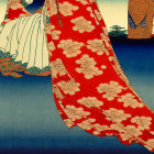 Traditional Japanese Ukiyo-e Art: Woman in Red Kimono resting on side