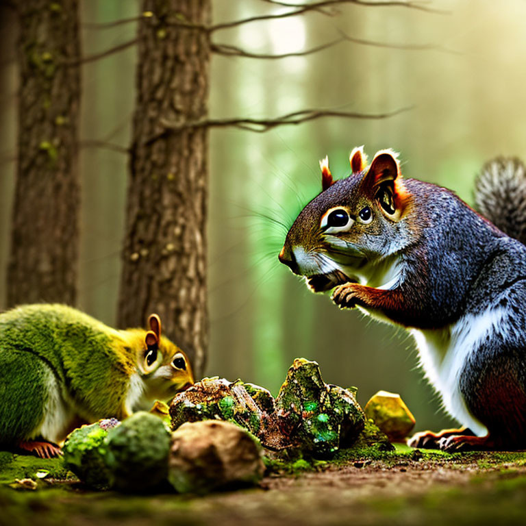 Whimsical squirrels in enchanted forest with soft magical light