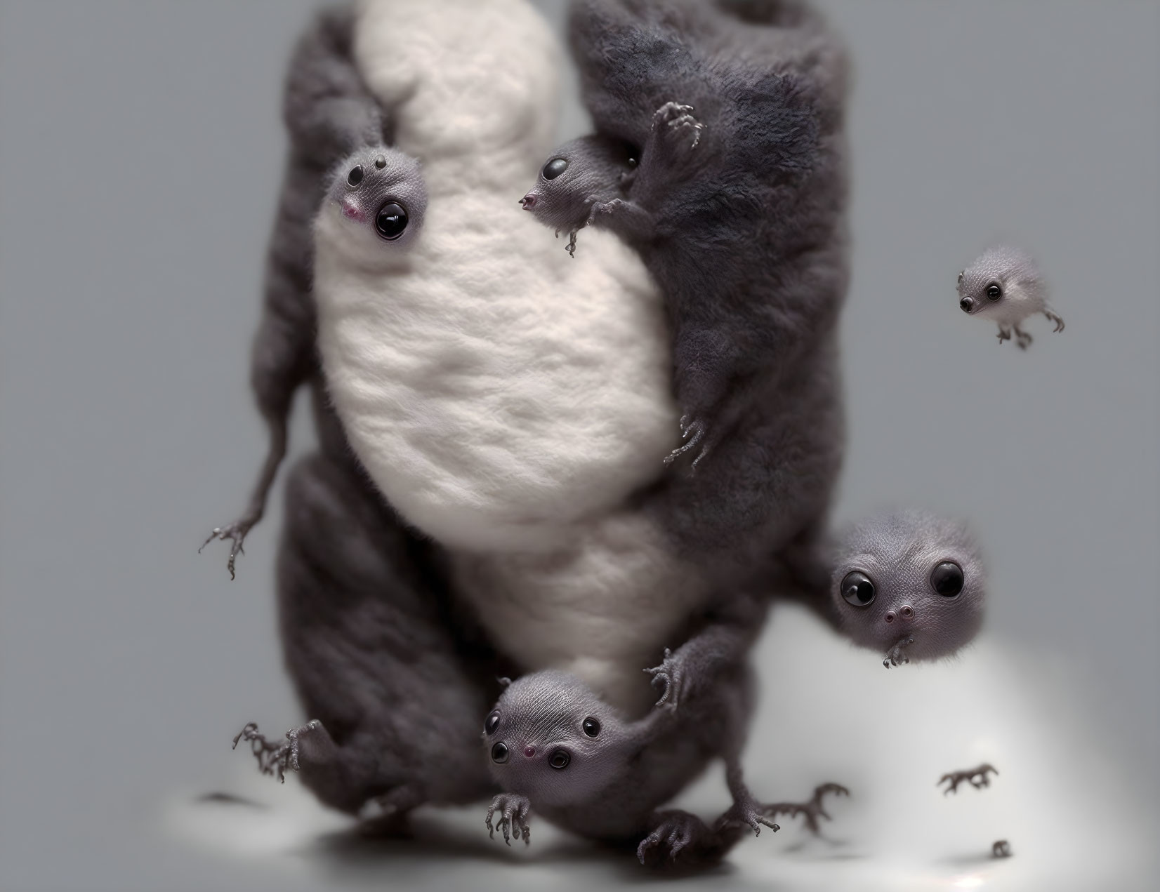 Whimsical flying plush koalas with emotive eyes on gray background