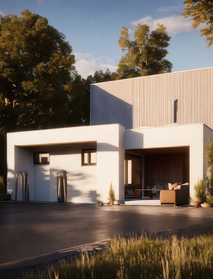 Contemporary two-story house with flat roof, white walls, large windows, surrounded by trees, driveway