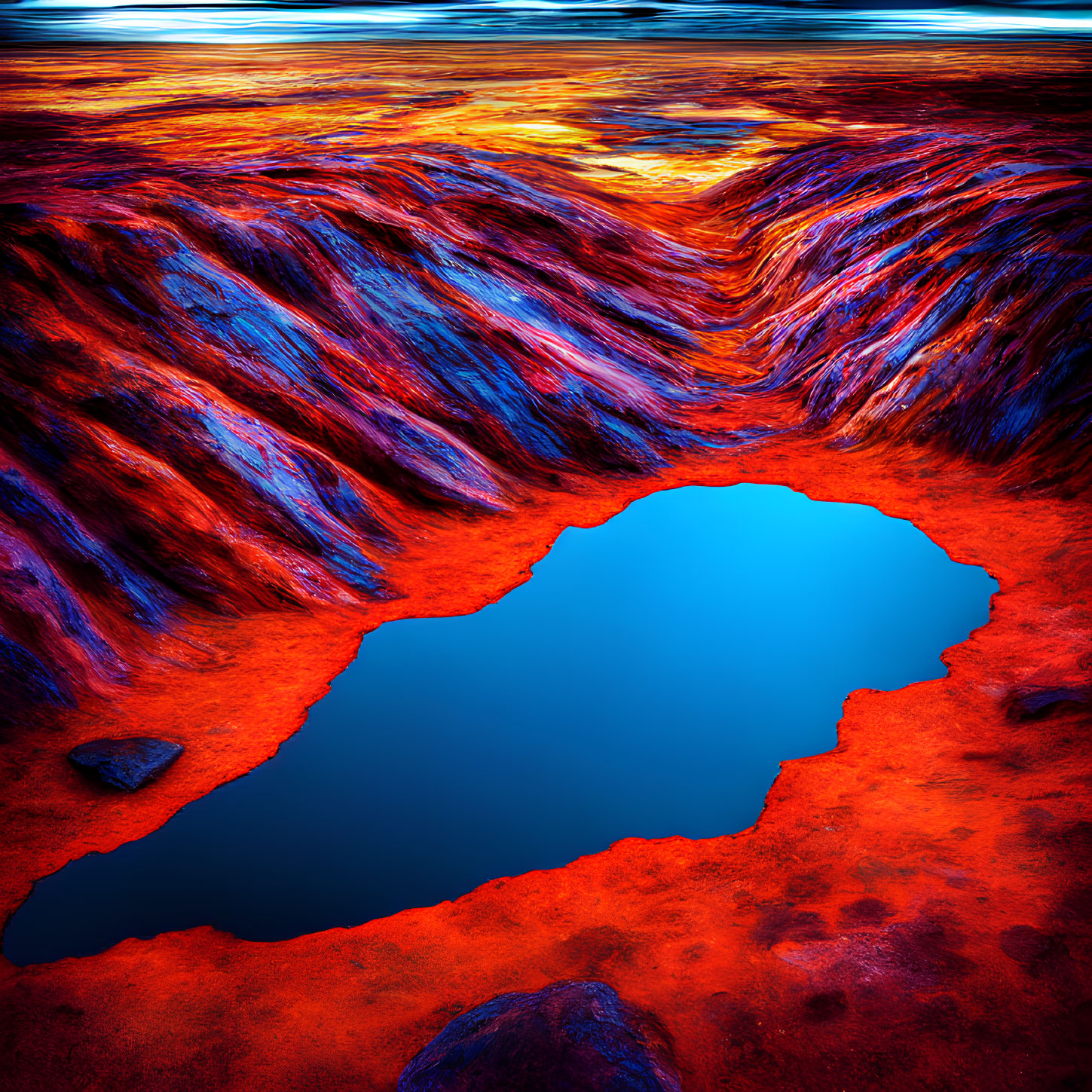 Digitally altered landscape with fiery red and blue colors and surreal terrain.