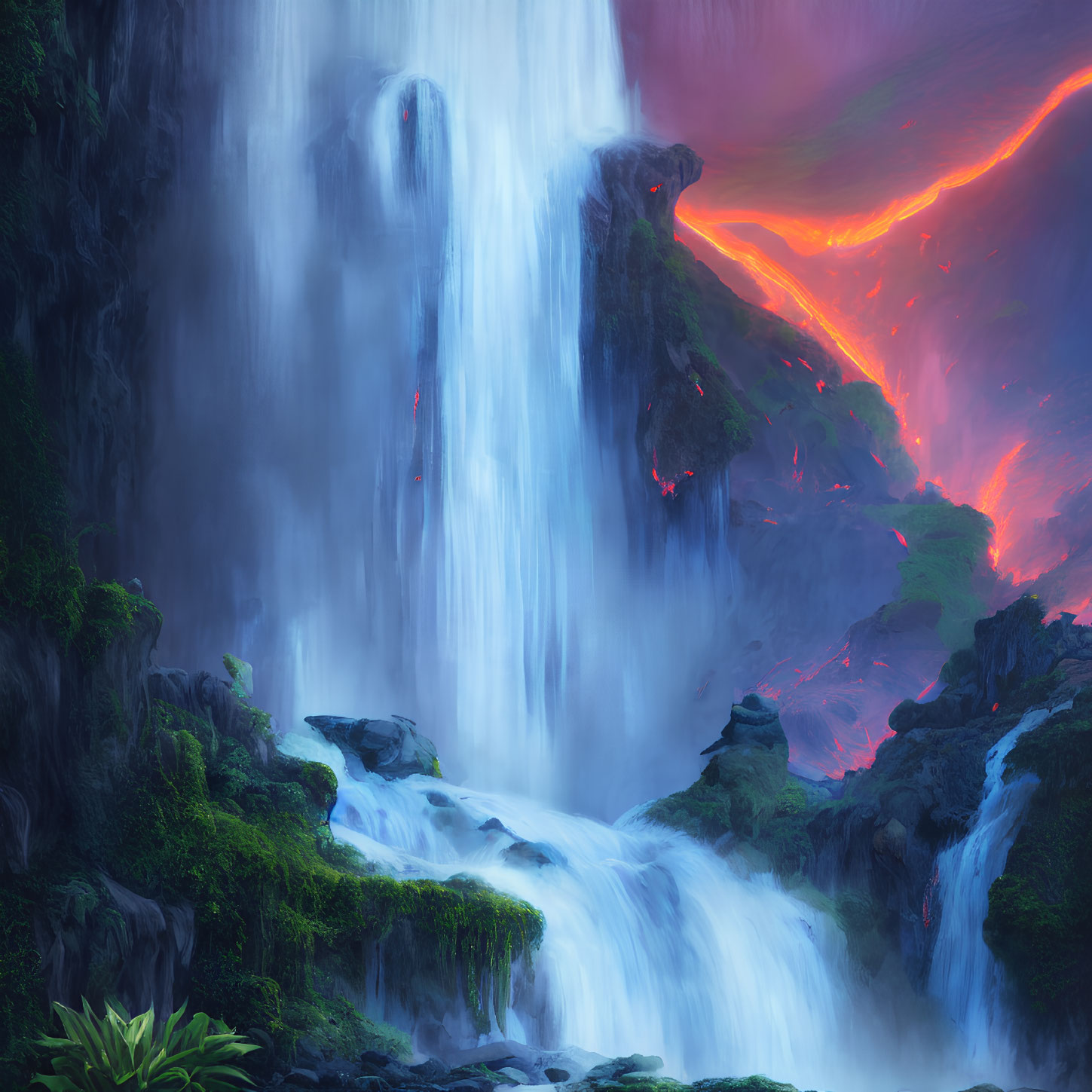 Majestic waterfall over lush cliffs under fiery sky