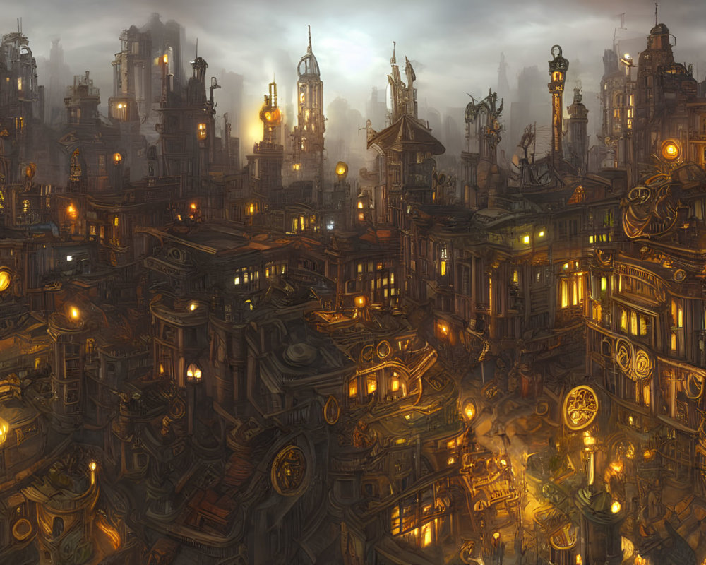 Steampunk cityscape at dusk with towering buildings and glowing lights