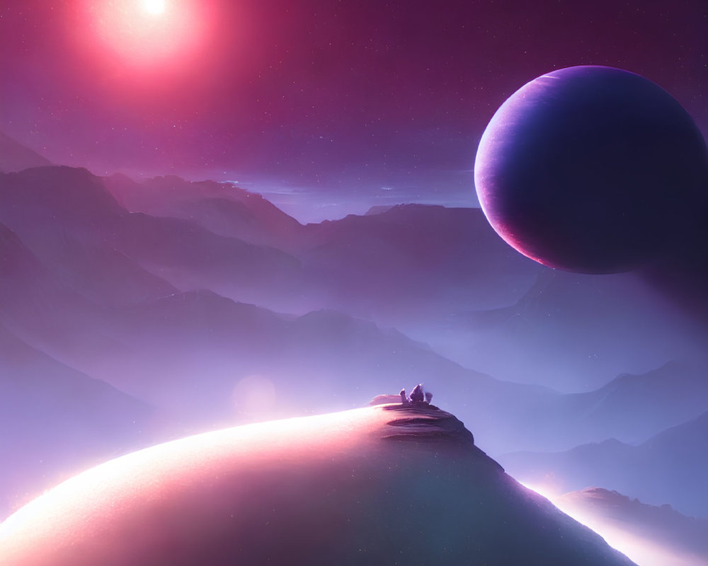 Purple-hued mountains under red star in misty landscape