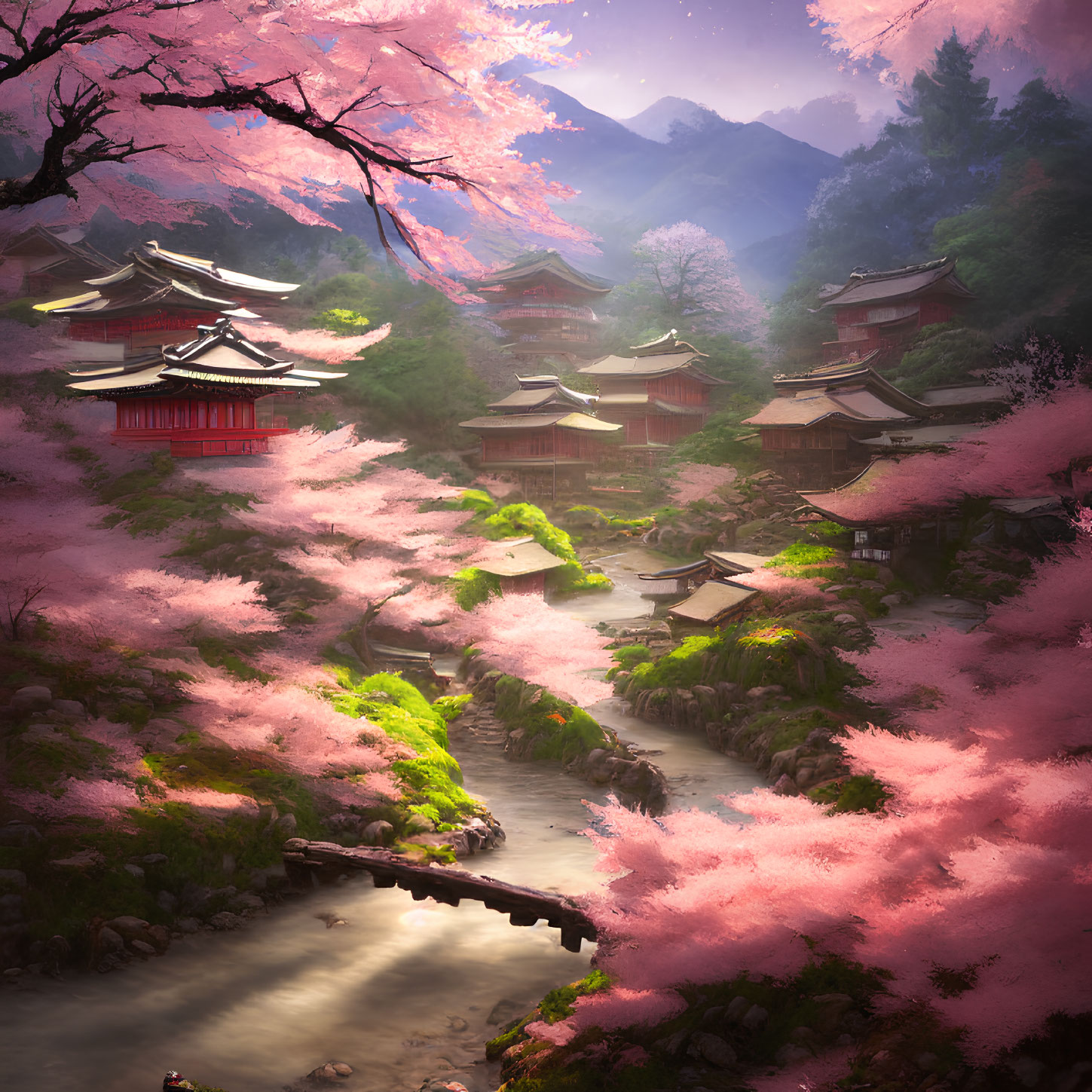 Scenic Japanese village with red buildings, cherry blossoms, river, and mountains