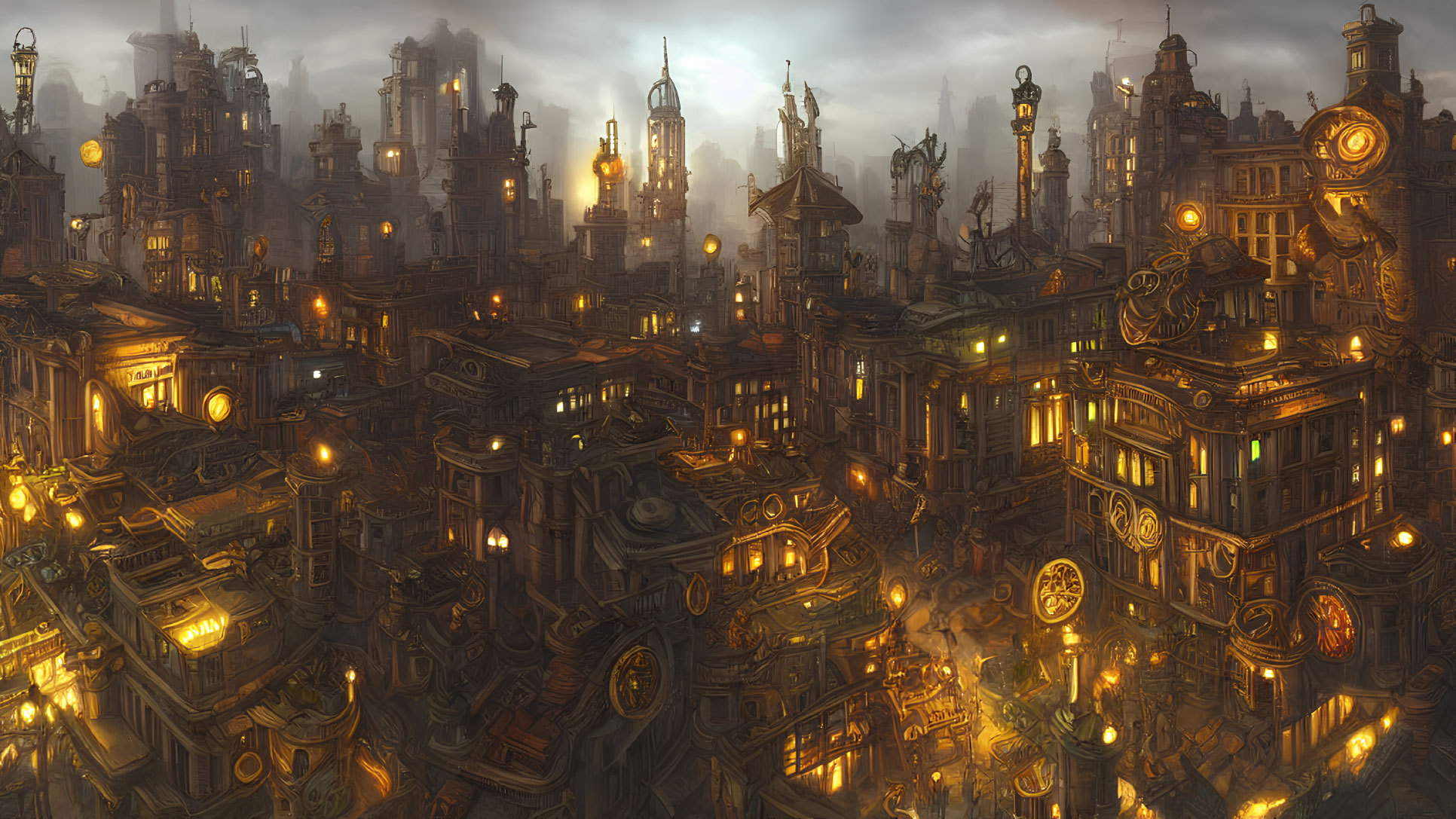 Steampunk cityscape at dusk with towering buildings and glowing lights