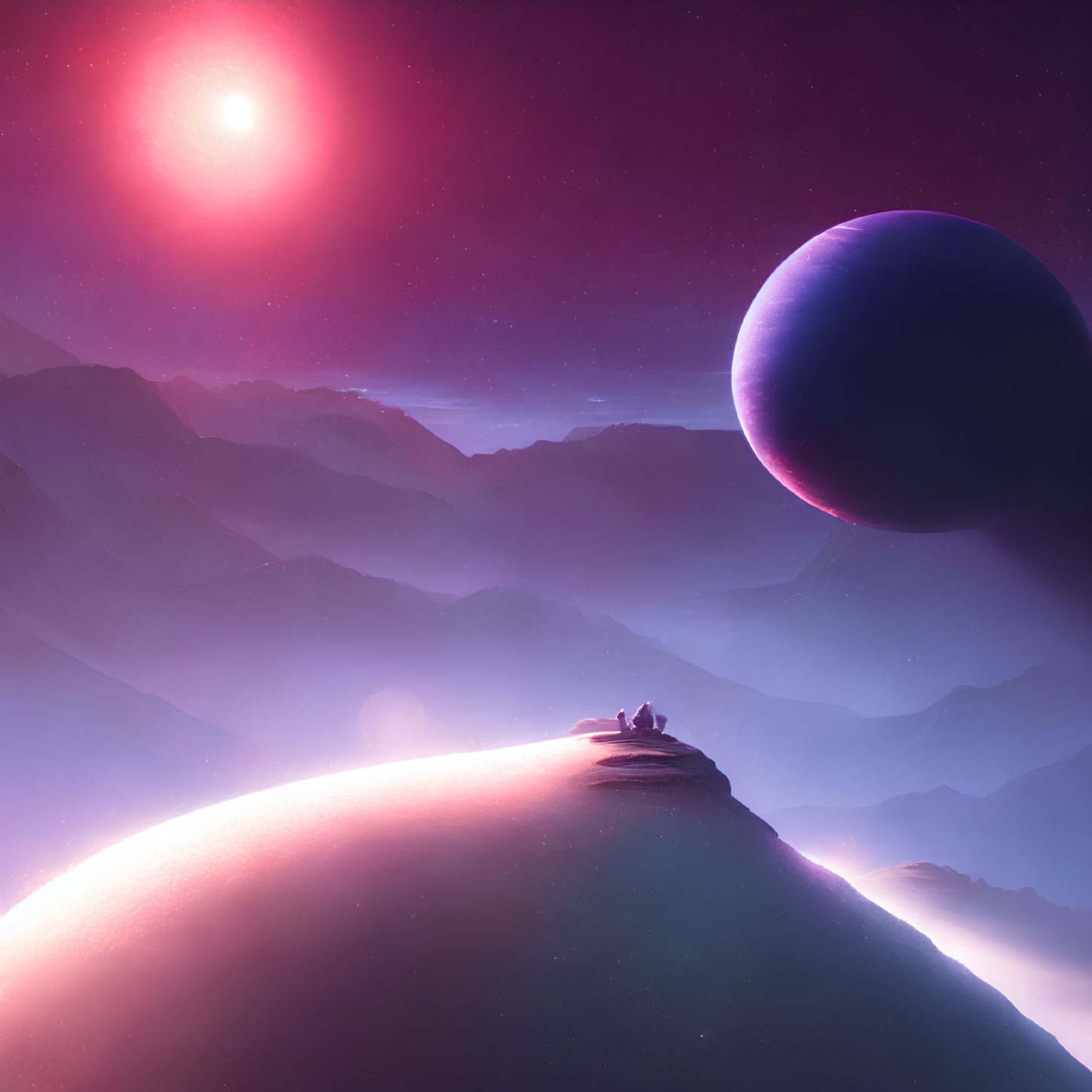 Purple-hued mountains under red star in misty landscape