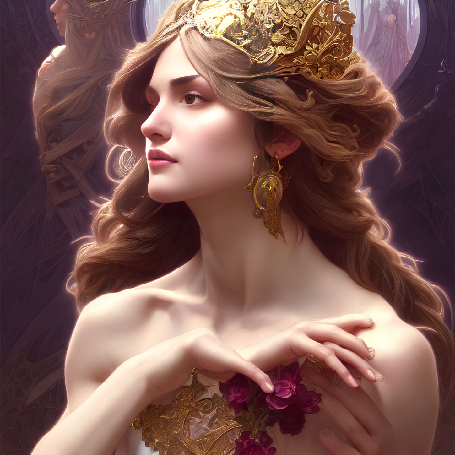 Illustrated woman with flowing hair and golden crown holding purple flowers in mystical setting