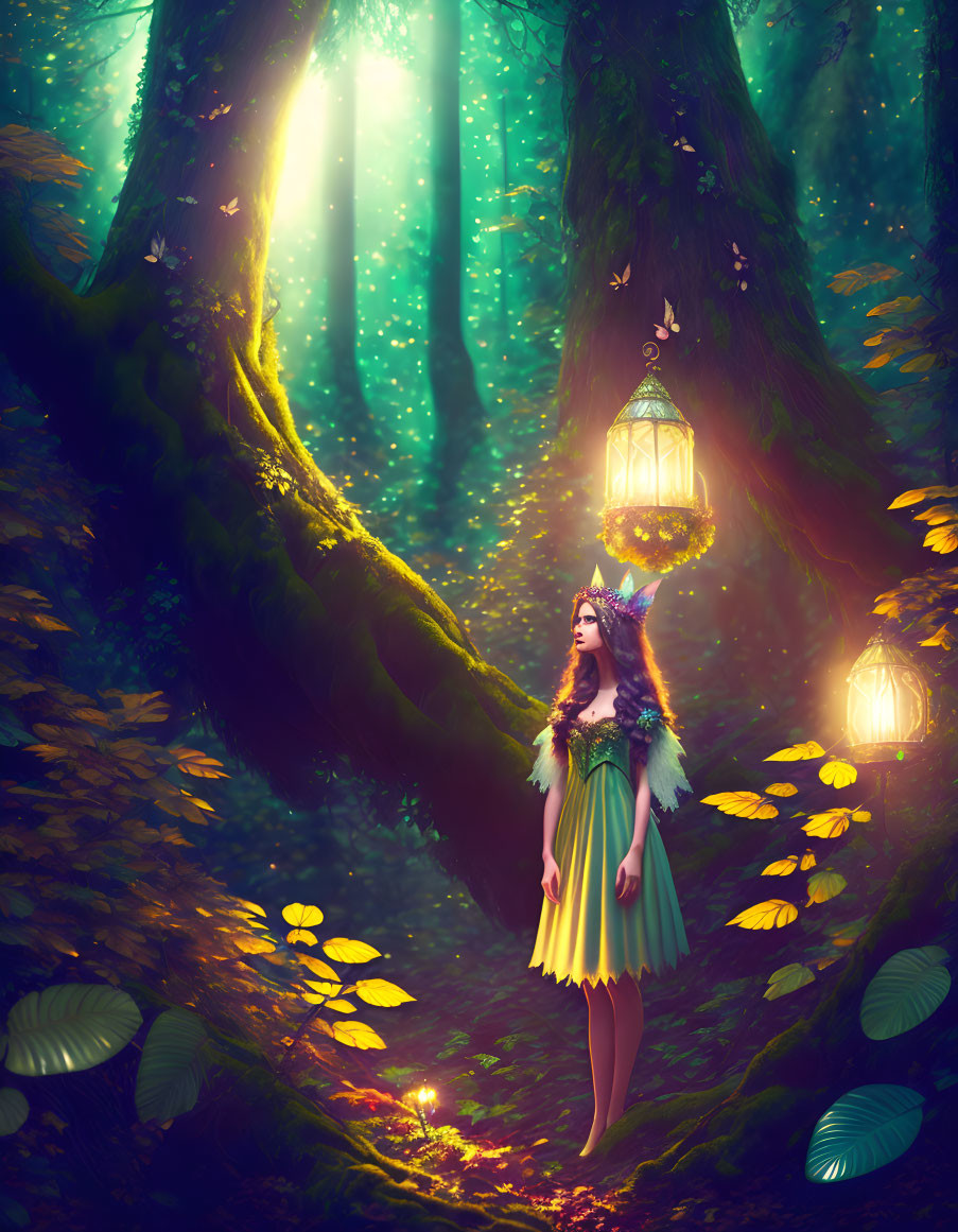 a beautiful fairy in a dark forest 