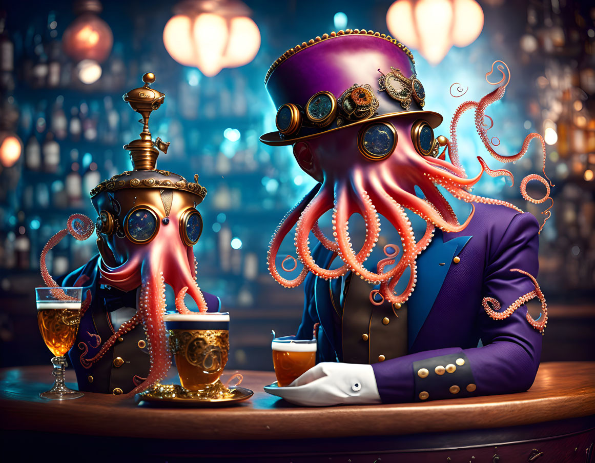 Steampunk-style octopuses in gentleman attire at bar with drinks