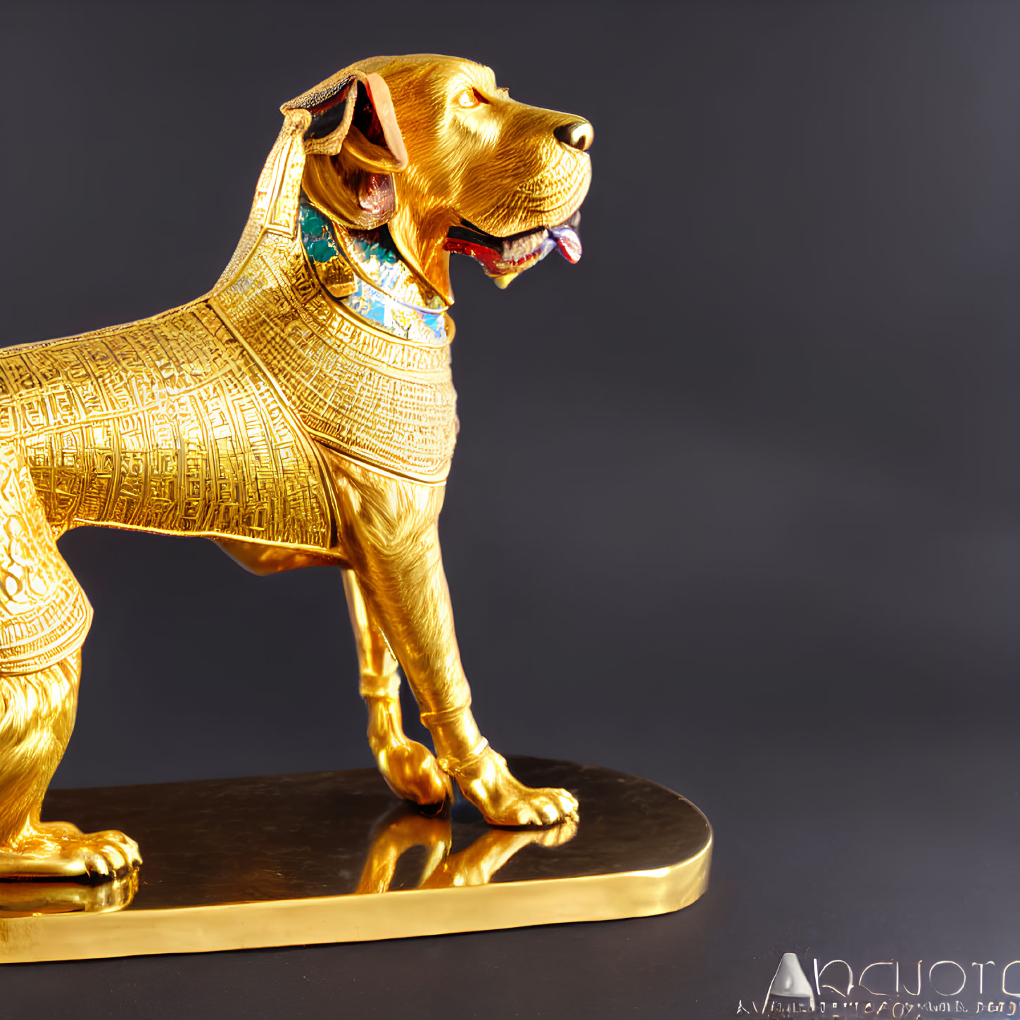 Golden dog statue with Egyptian-style collar on black background