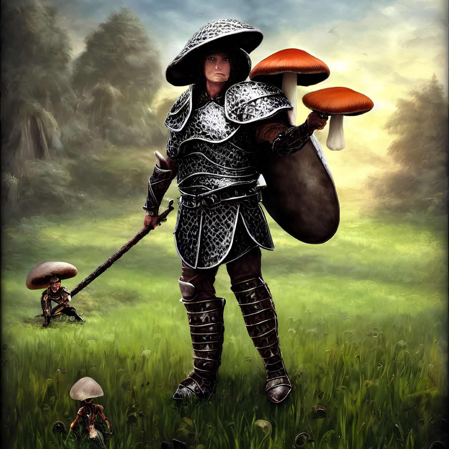 Fantasy illustration of warrior in ornate armor with mushrooms and staff