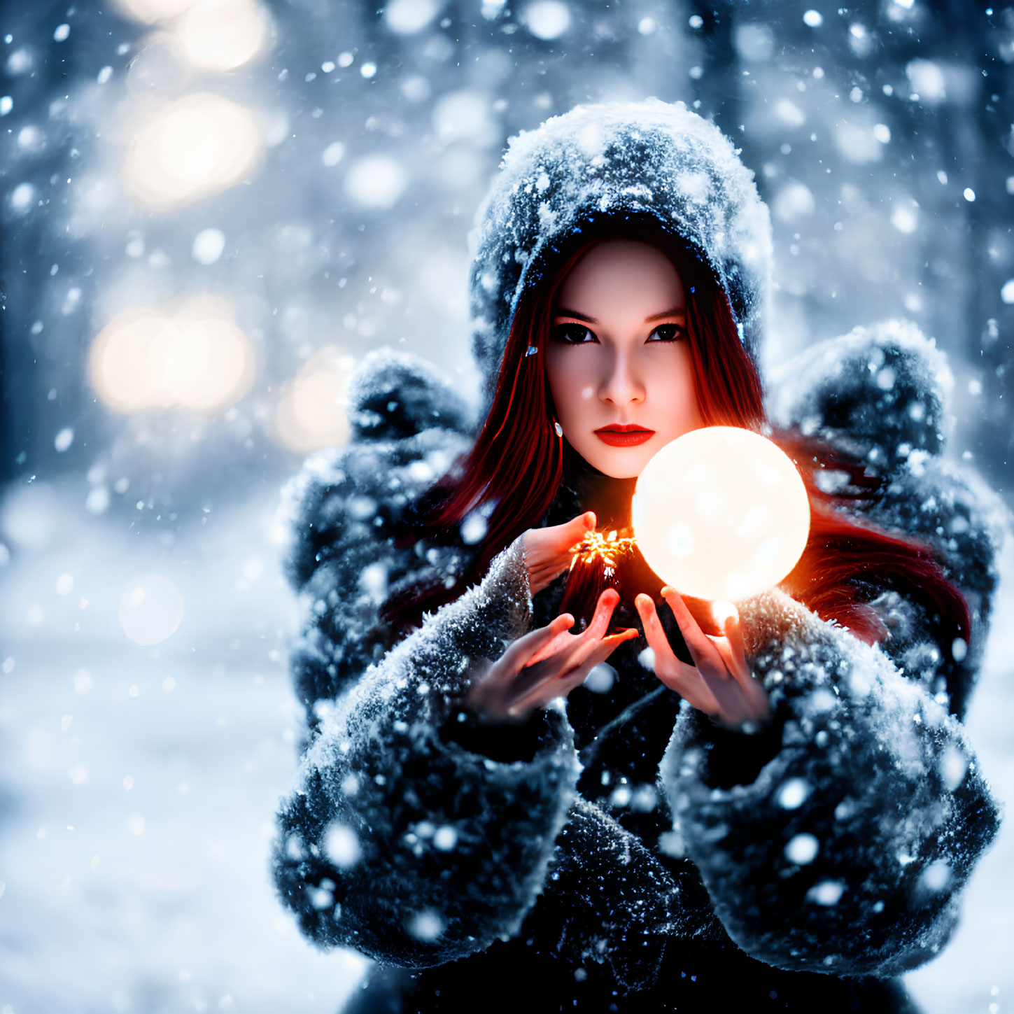 Woman in Snowy Fur Hood Holding Glowing Orb with Snowflakes