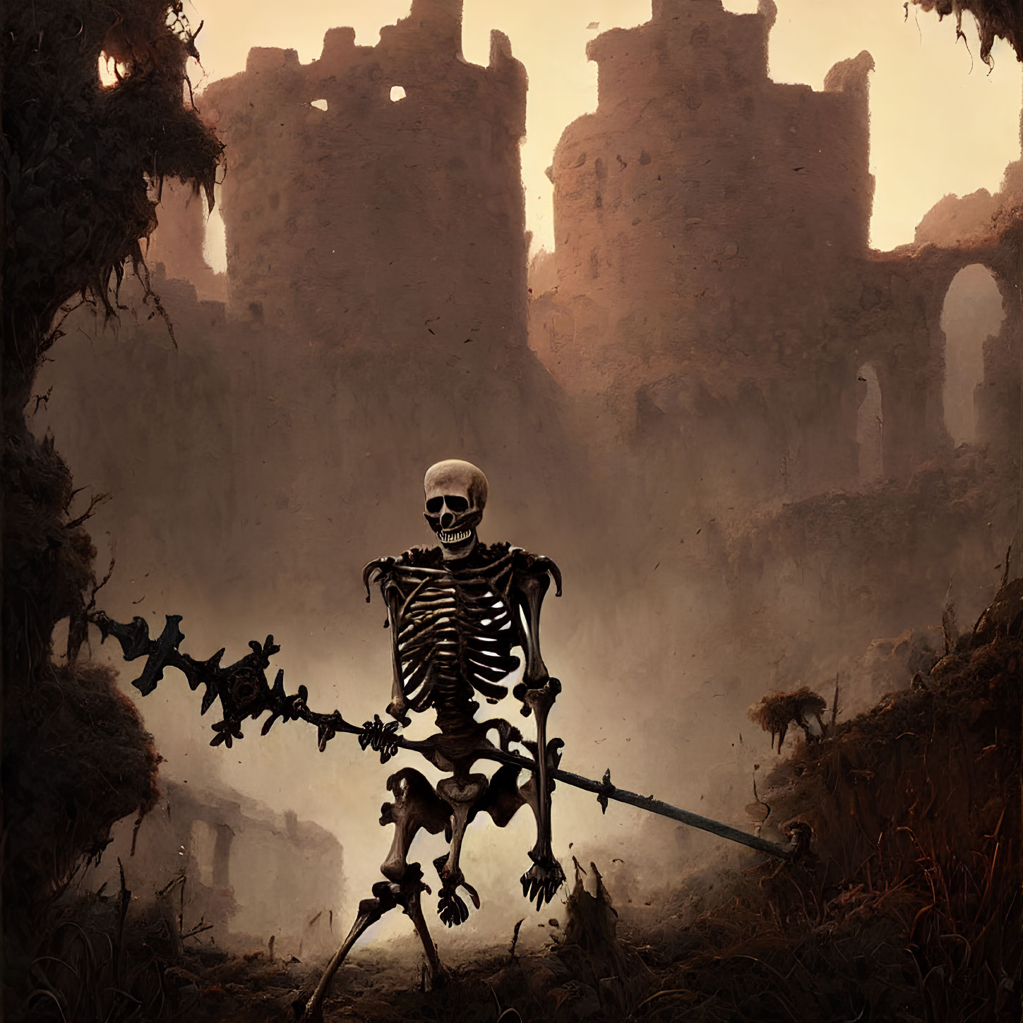 Skeleton Warrior with Spear in Ruined Setting Under Dusky Sky