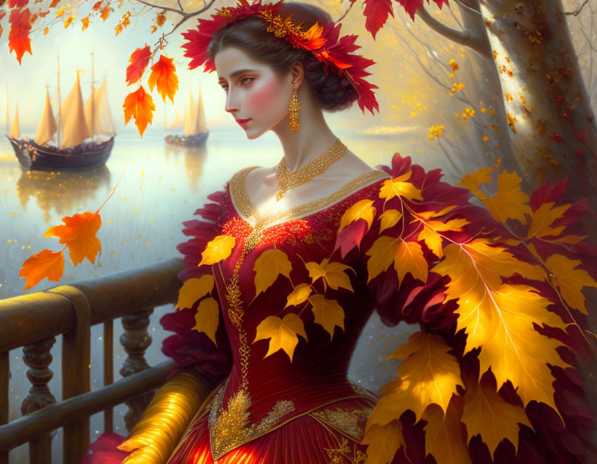 Woman in red and gold gown with autumn leaves in hair by vintage sailboat and falling leaves.