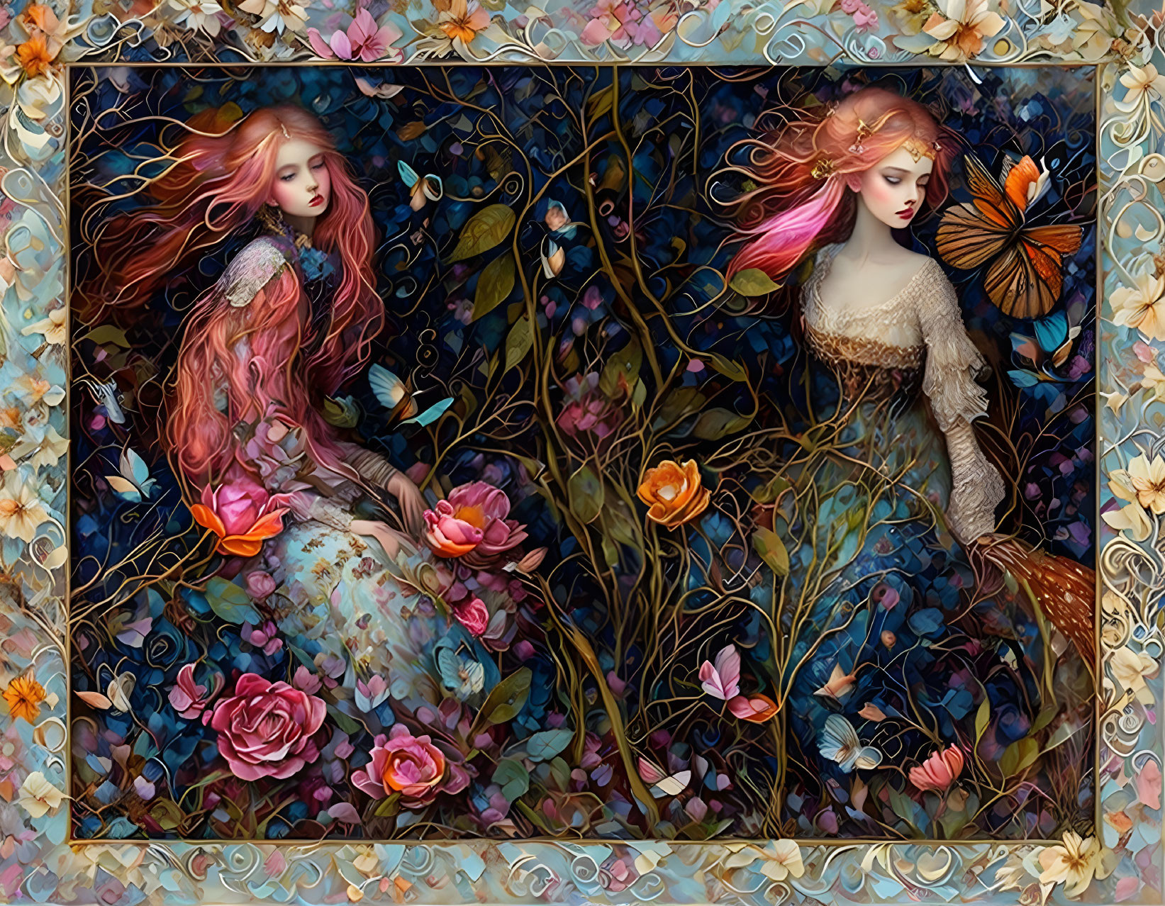 Ethereal figures with flowing hair in vibrant floral scene