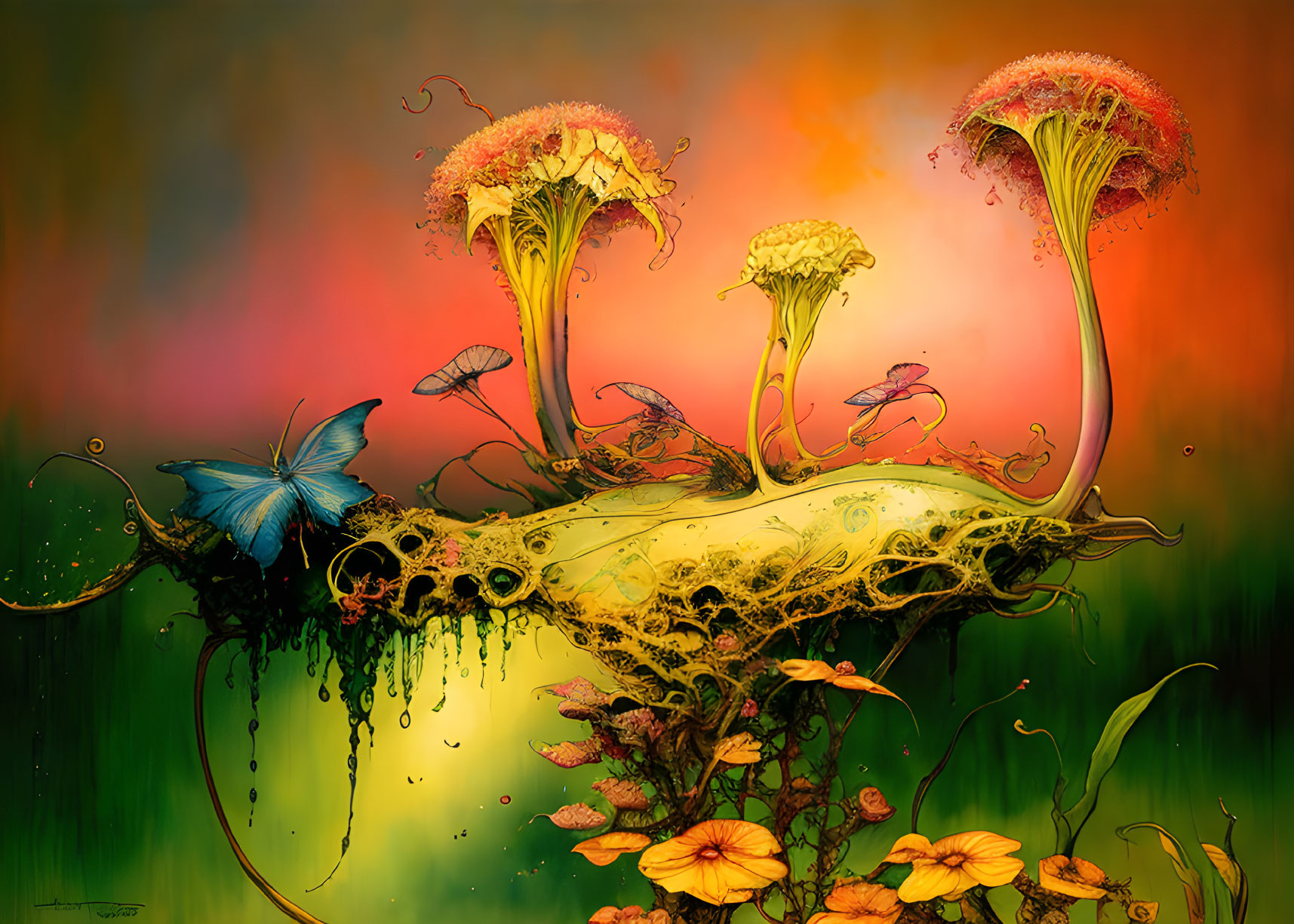 Colorful Artwork Featuring Whimsical Plants and Creatures