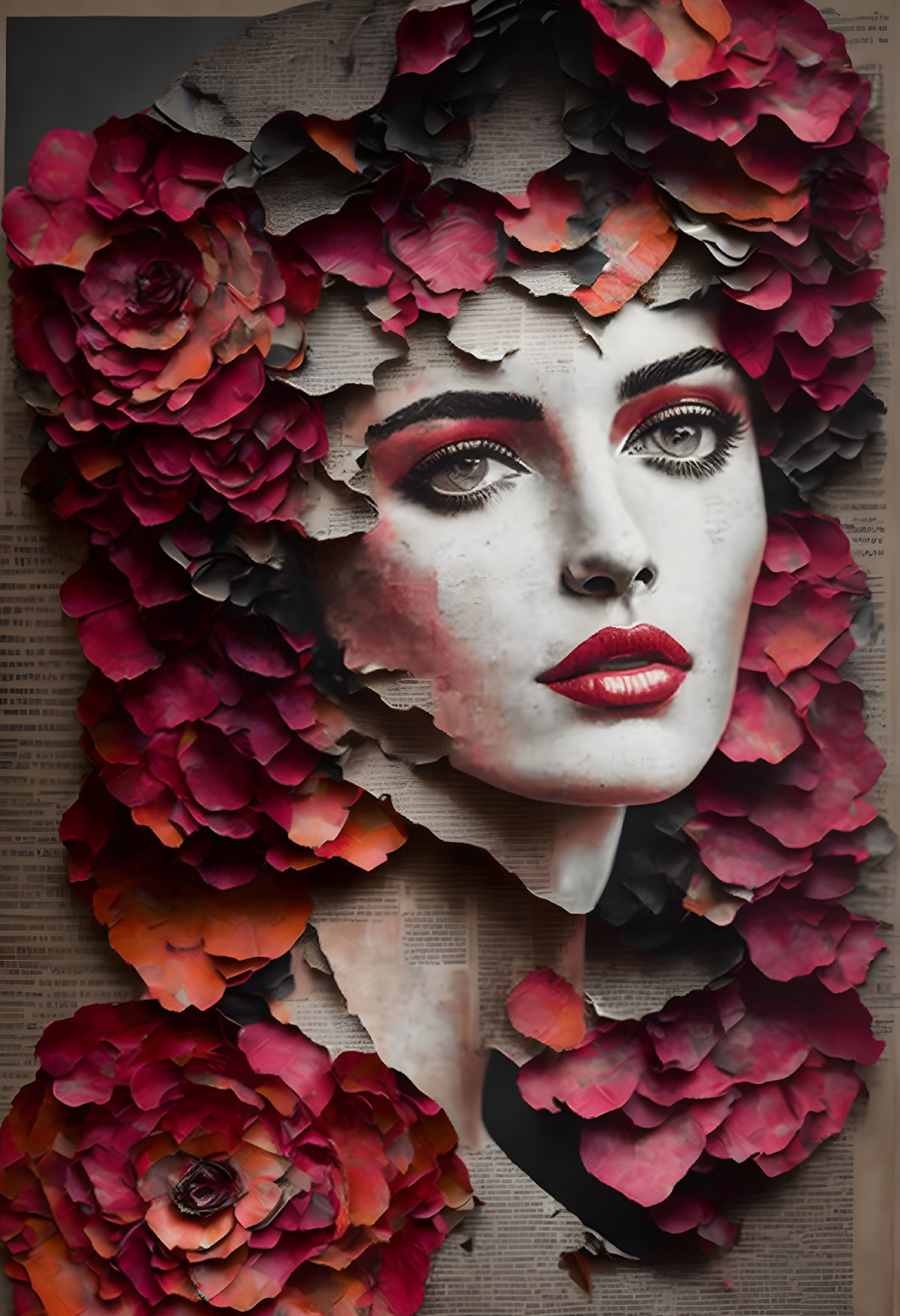 Woman's face with roses and torn paper edges on text background