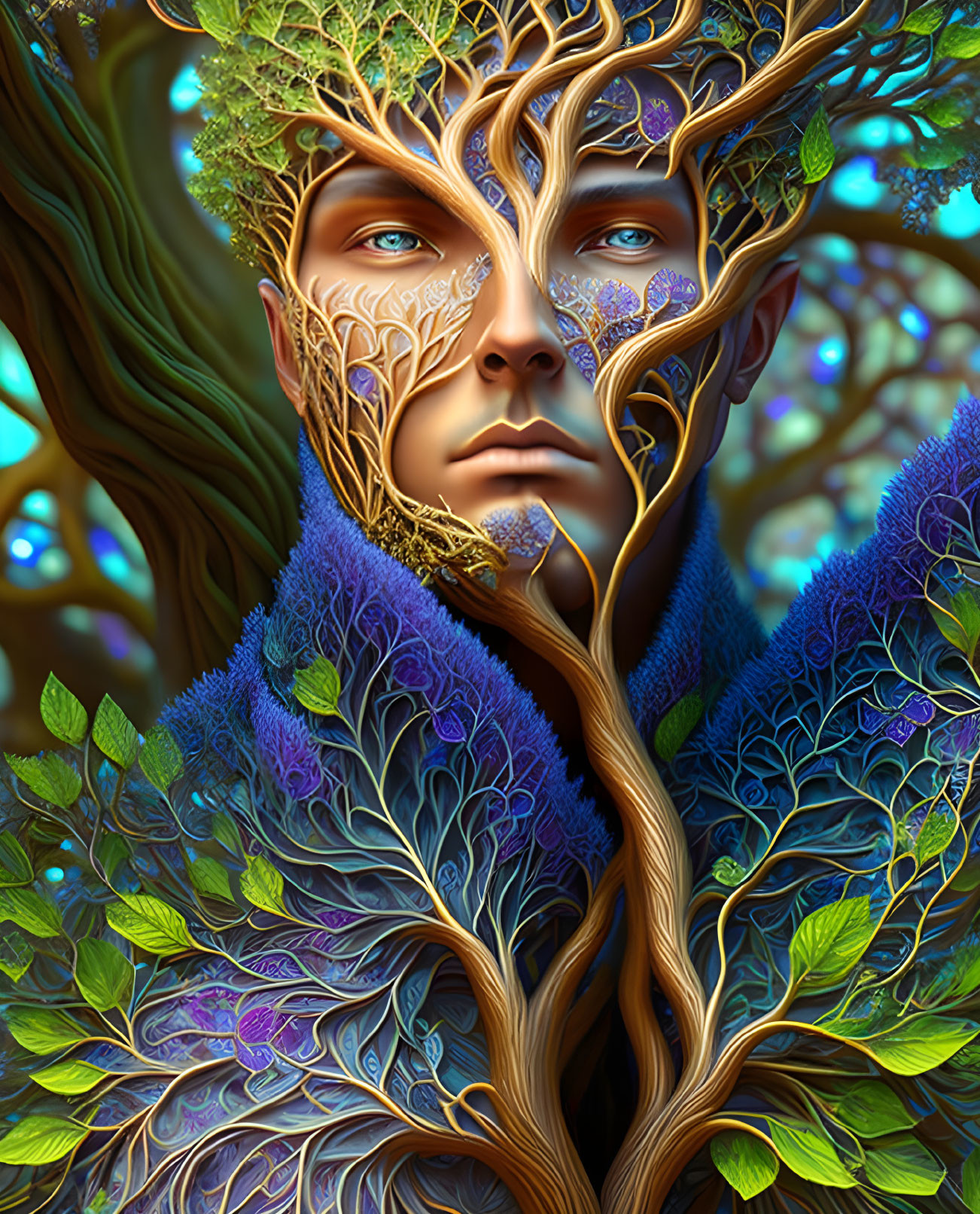 Humanoid Figure with Tree-Like Features in Colorful Forest