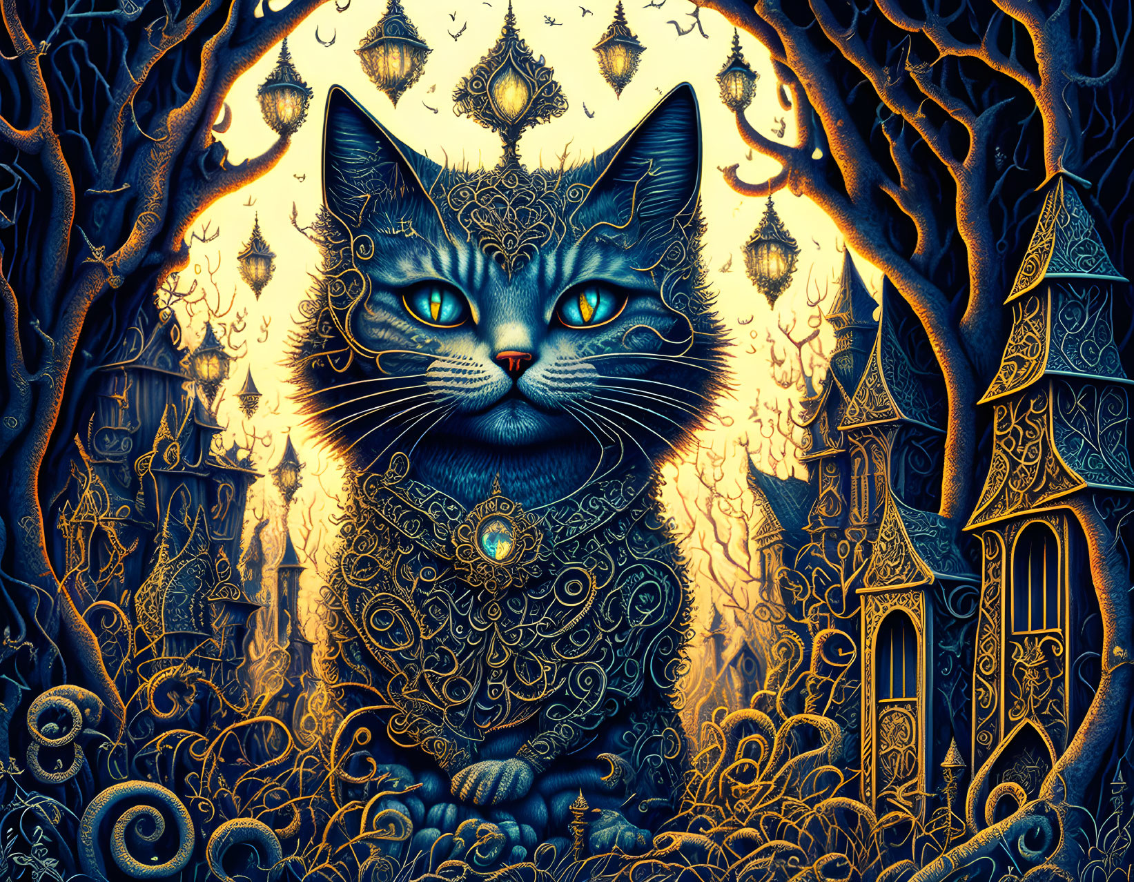 Detailed Artwork: Ornately Patterned Cat with Blue Eyes in Mystical Setting