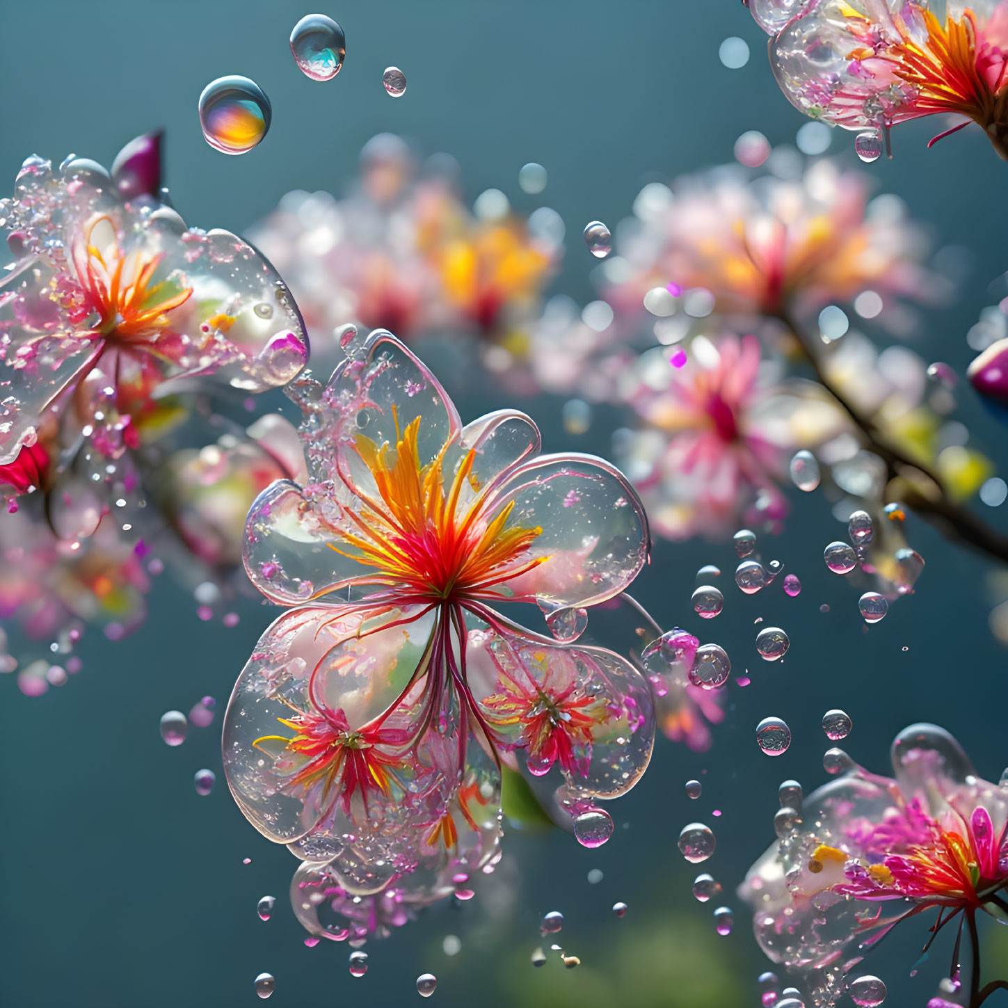 Pink flowers with water droplets on blurred background magnifying details.