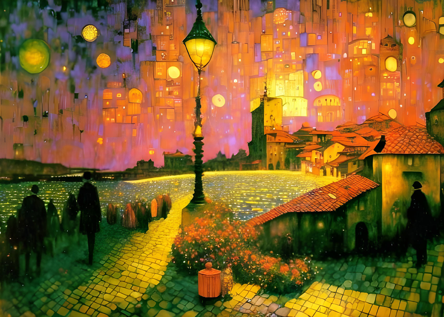 Colorful evening cityscape with silhouetted figures and glowing lanterns