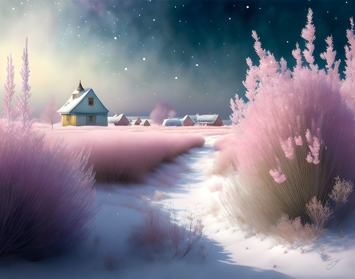 Snow-covered path to cozy house amid pink trees under starry sky