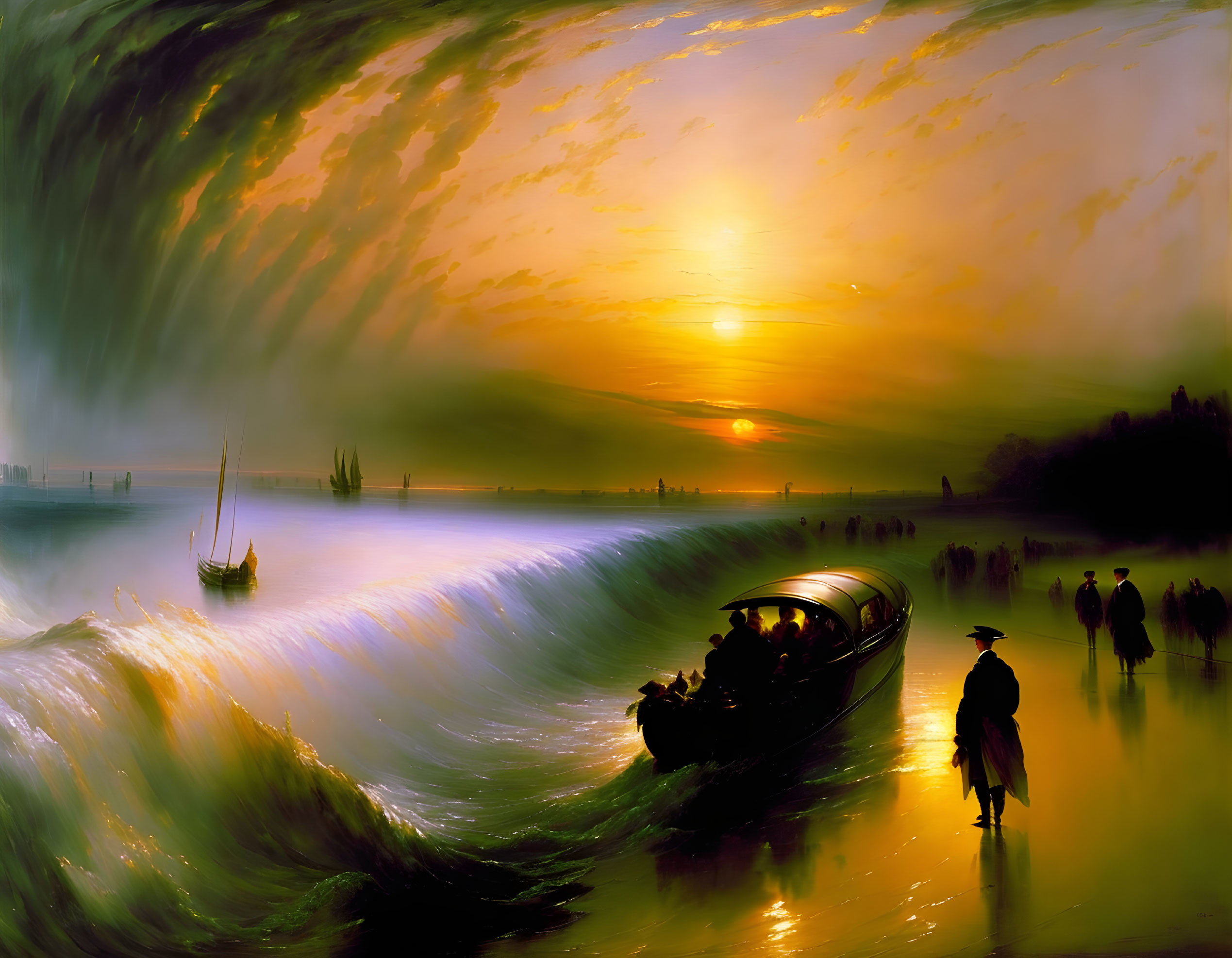 Scenic sunset painting with boat, passengers, and dramatic sky