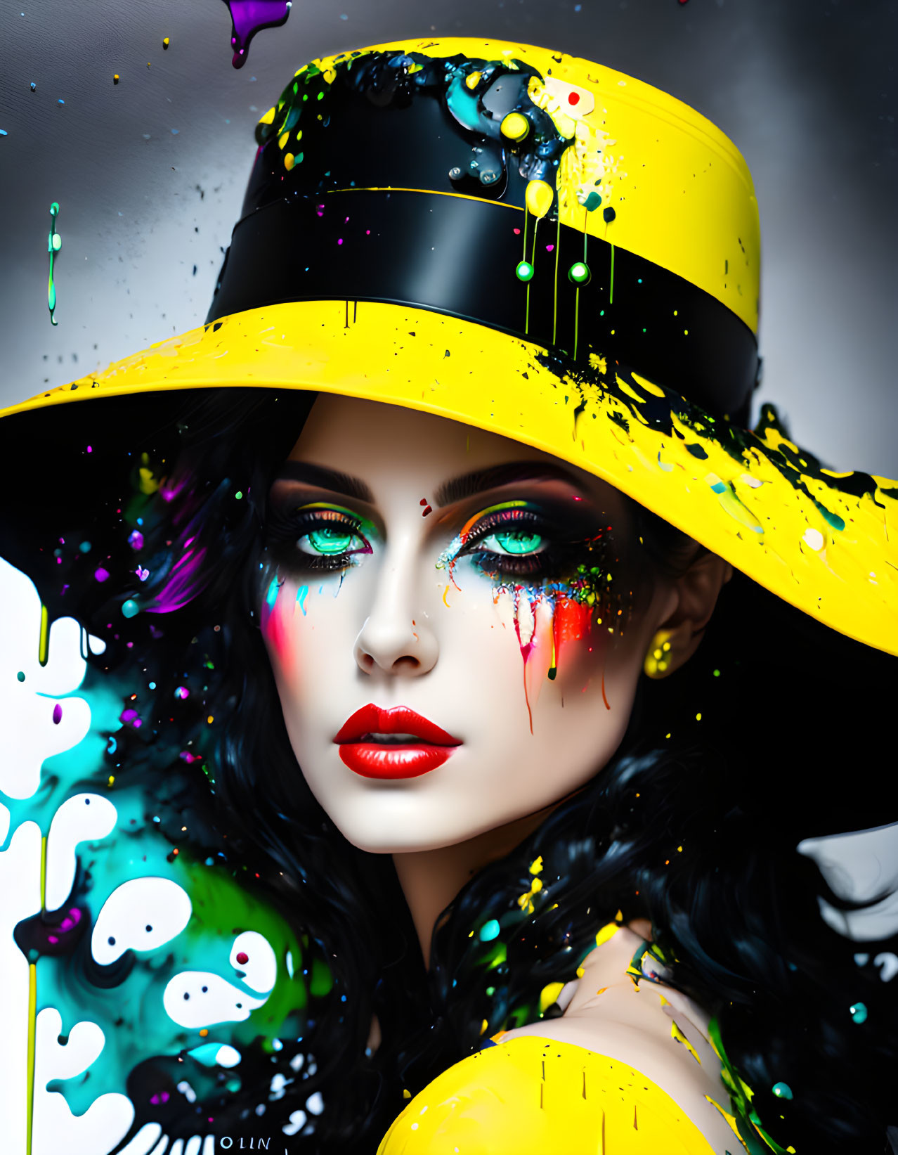 Colorful digital artwork of a woman with yellow hat and striking makeup