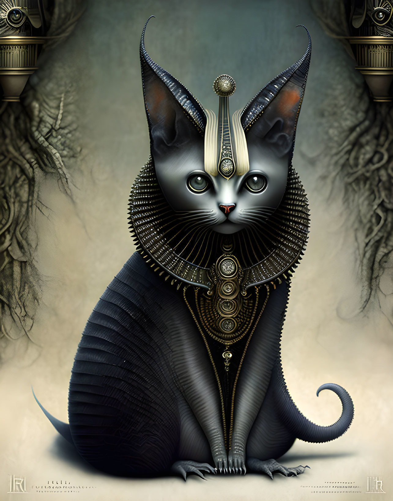 Majestic black cat illustration with white eyes and golden headdress