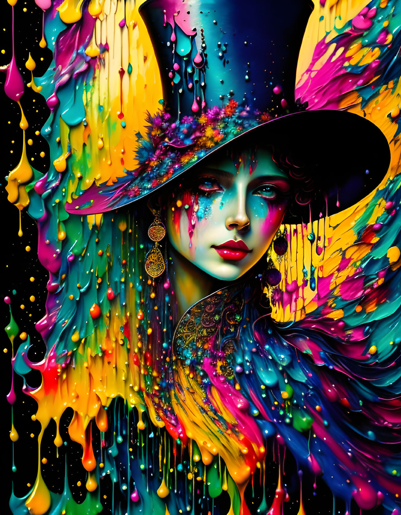 Colorful digital artwork: Person in stylish hat with vivid, melting colors in mesmerizing abstract pattern