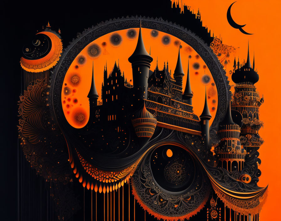 Dark surreal castle against orange and black moonlit backdrop