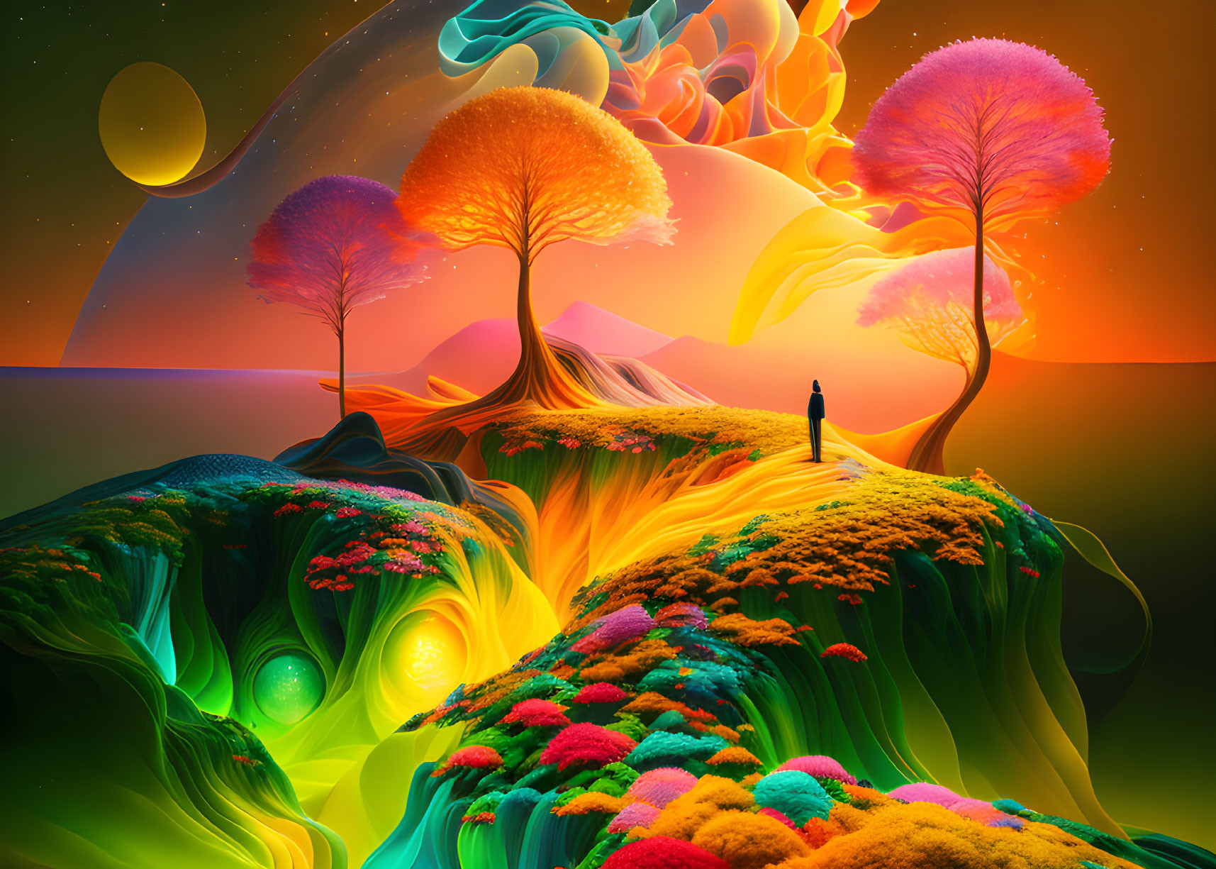 Colorful Trees and Surreal Landscape with Person on Hill and Planetary Sky