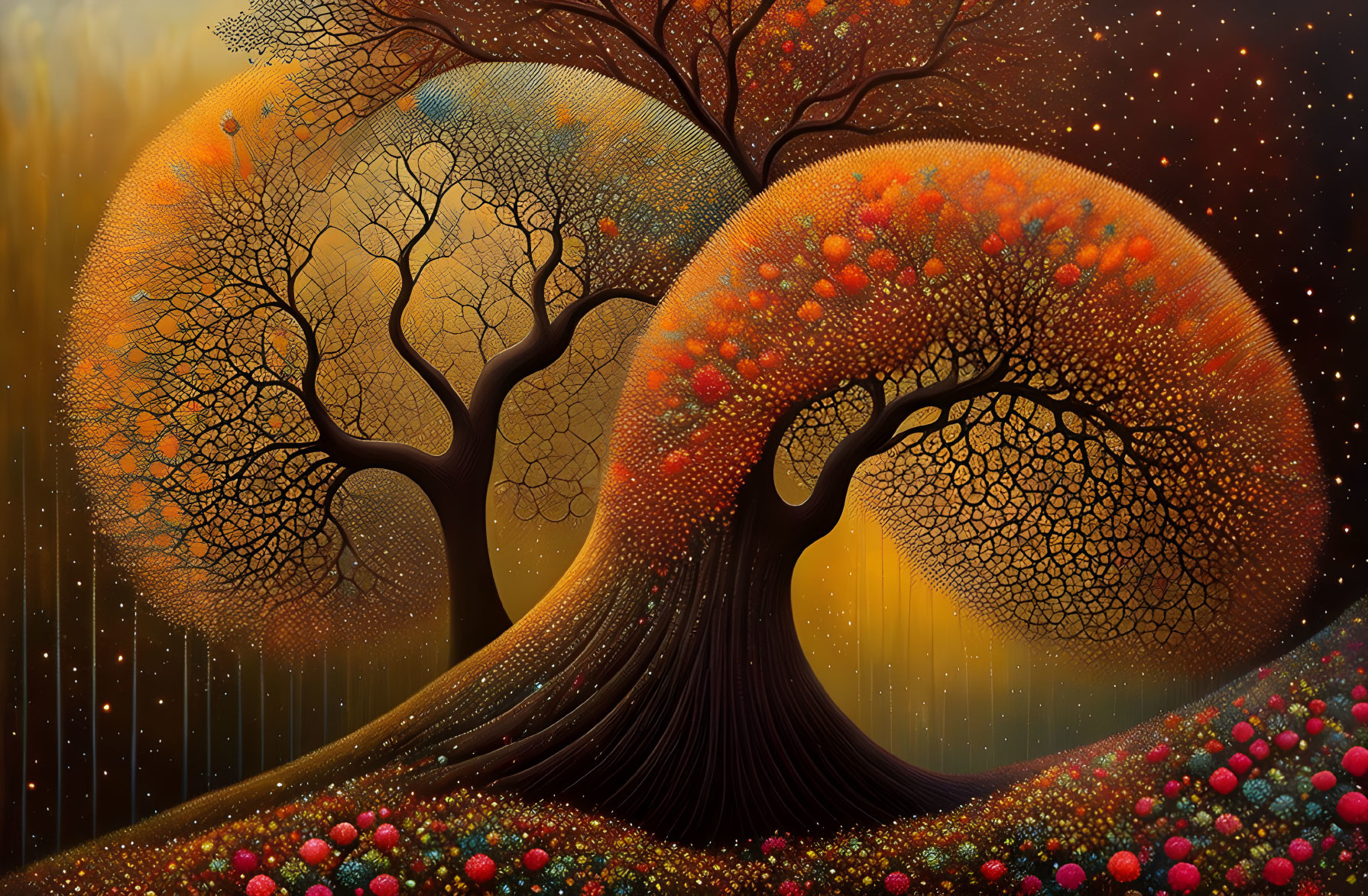 Whimsical painting of stylized autumn trees under starry sky