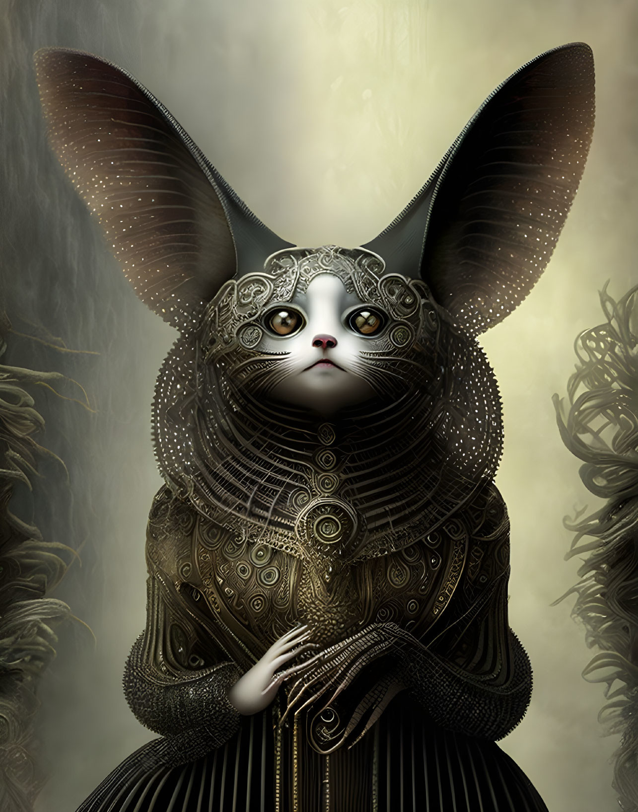 Detailed illustration of anthropomorphic rabbit in ornate armor with expressive eyes and elongated ears against misty