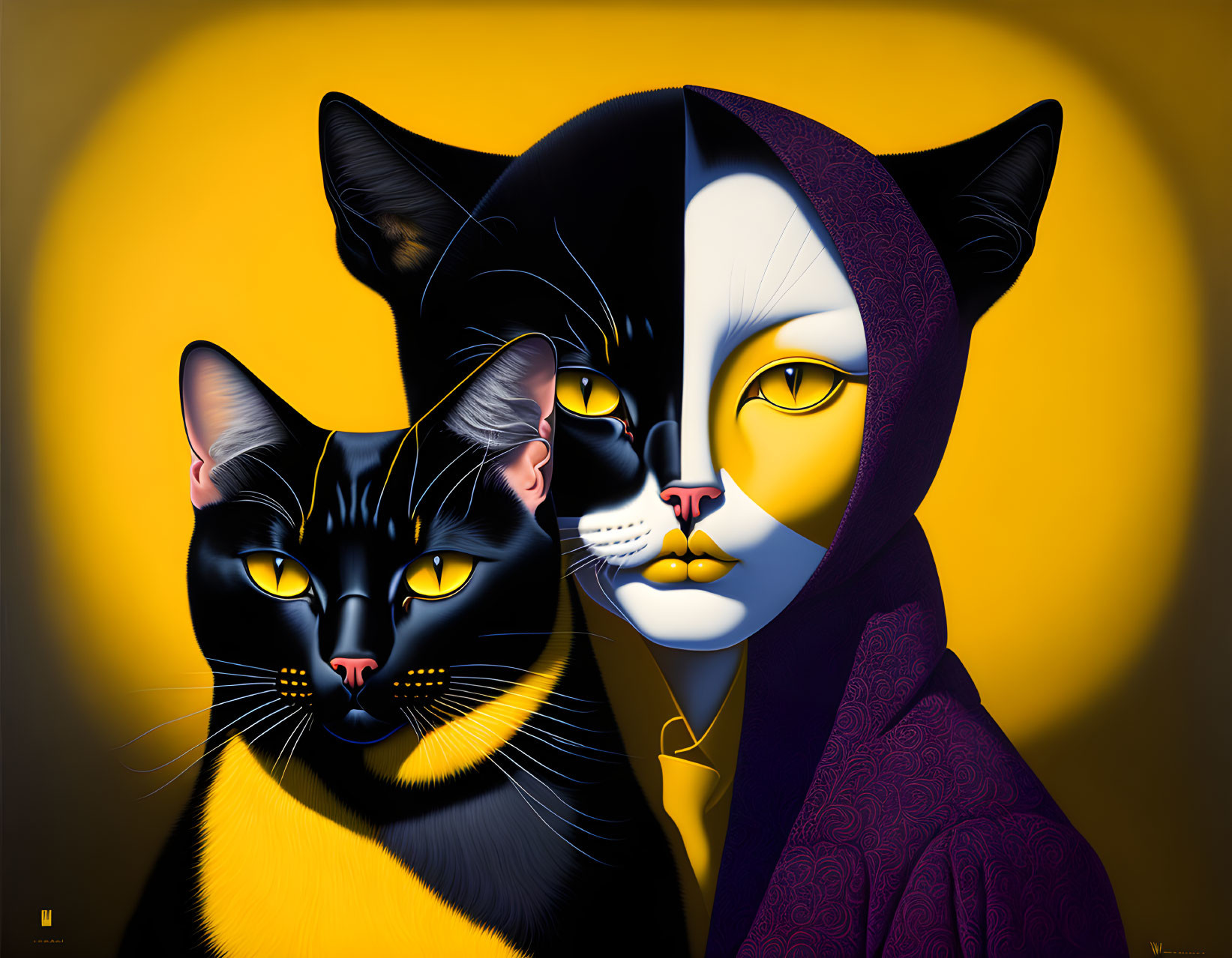 Stylized image of two black cats and human with cat-like features on yellow background