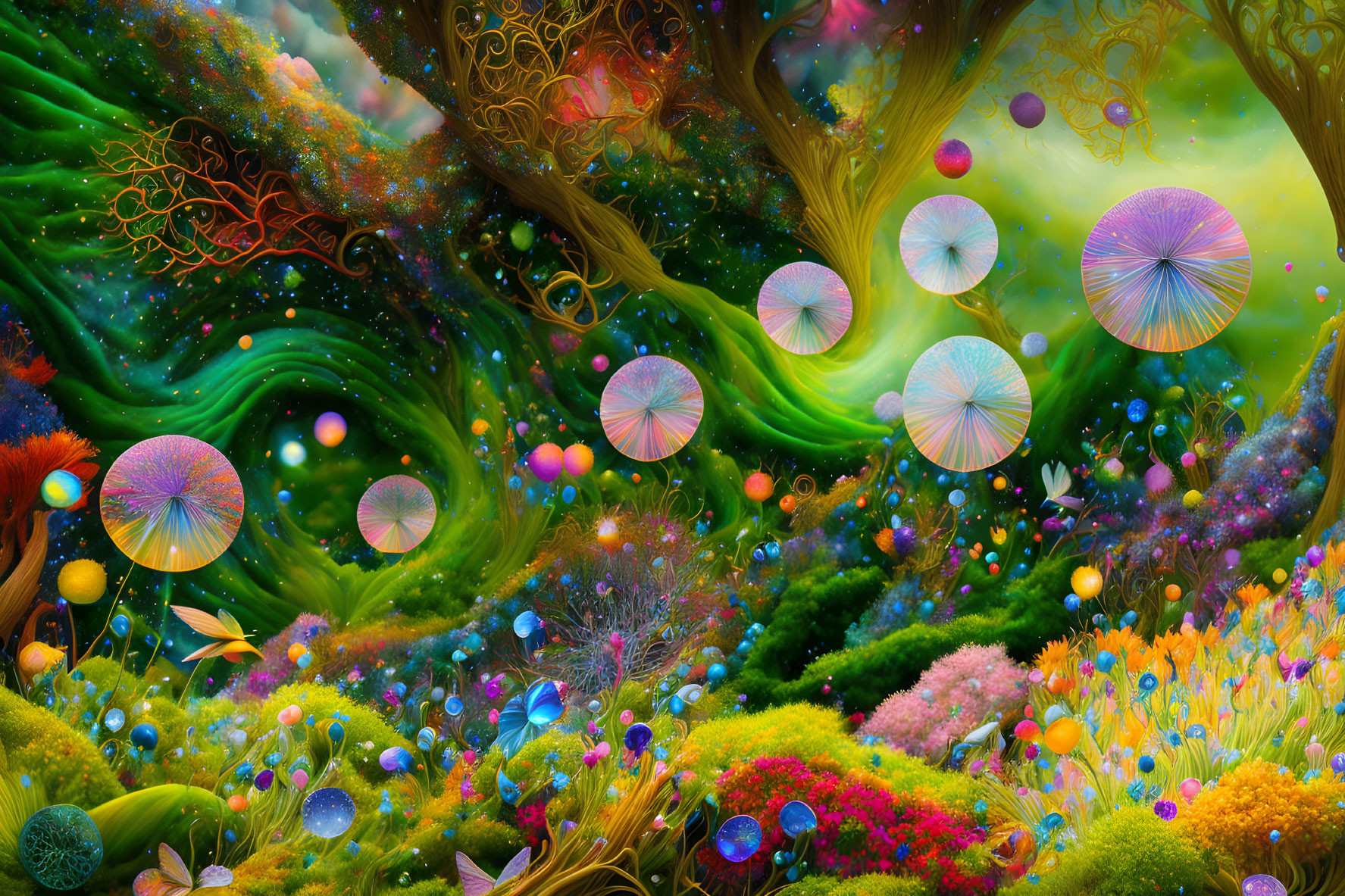 Colorful Digital Art: Whimsical Fantasy Forest with Swirling Trees and Floating Orbs