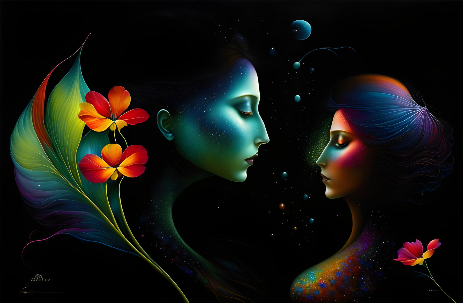 Colorful cosmic faces with floral elements on dark background