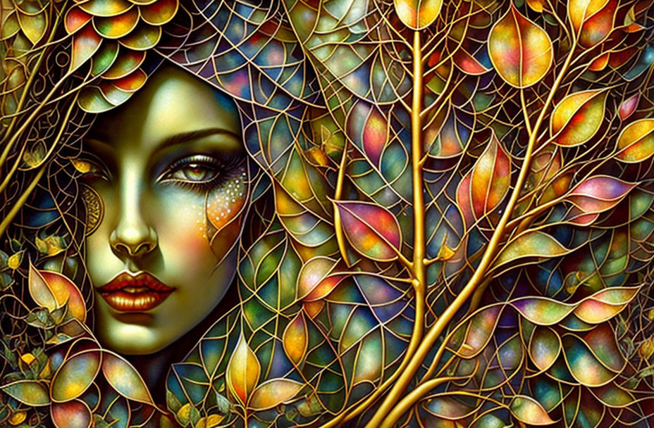 Colorful artwork: Woman's face merges with leafy branches