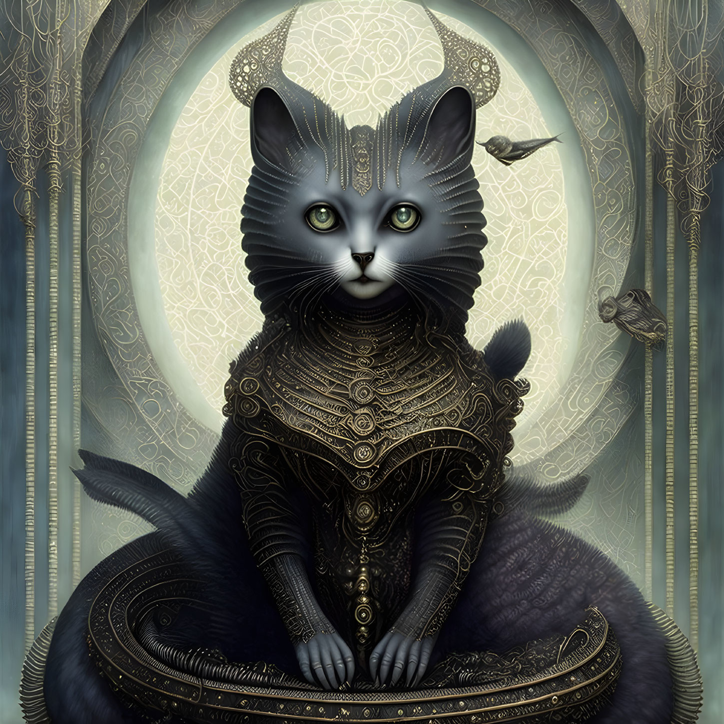 Regal black cat in ornate armor with birds on intricate circular backdrop