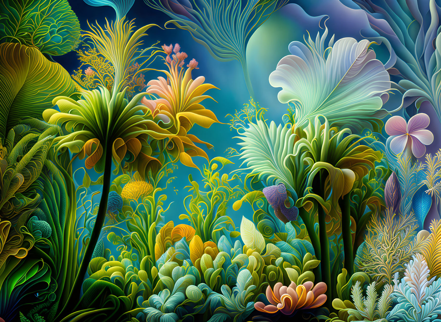 Vibrant underwater scene with diverse flora and abstract fish in serene oceanic setting