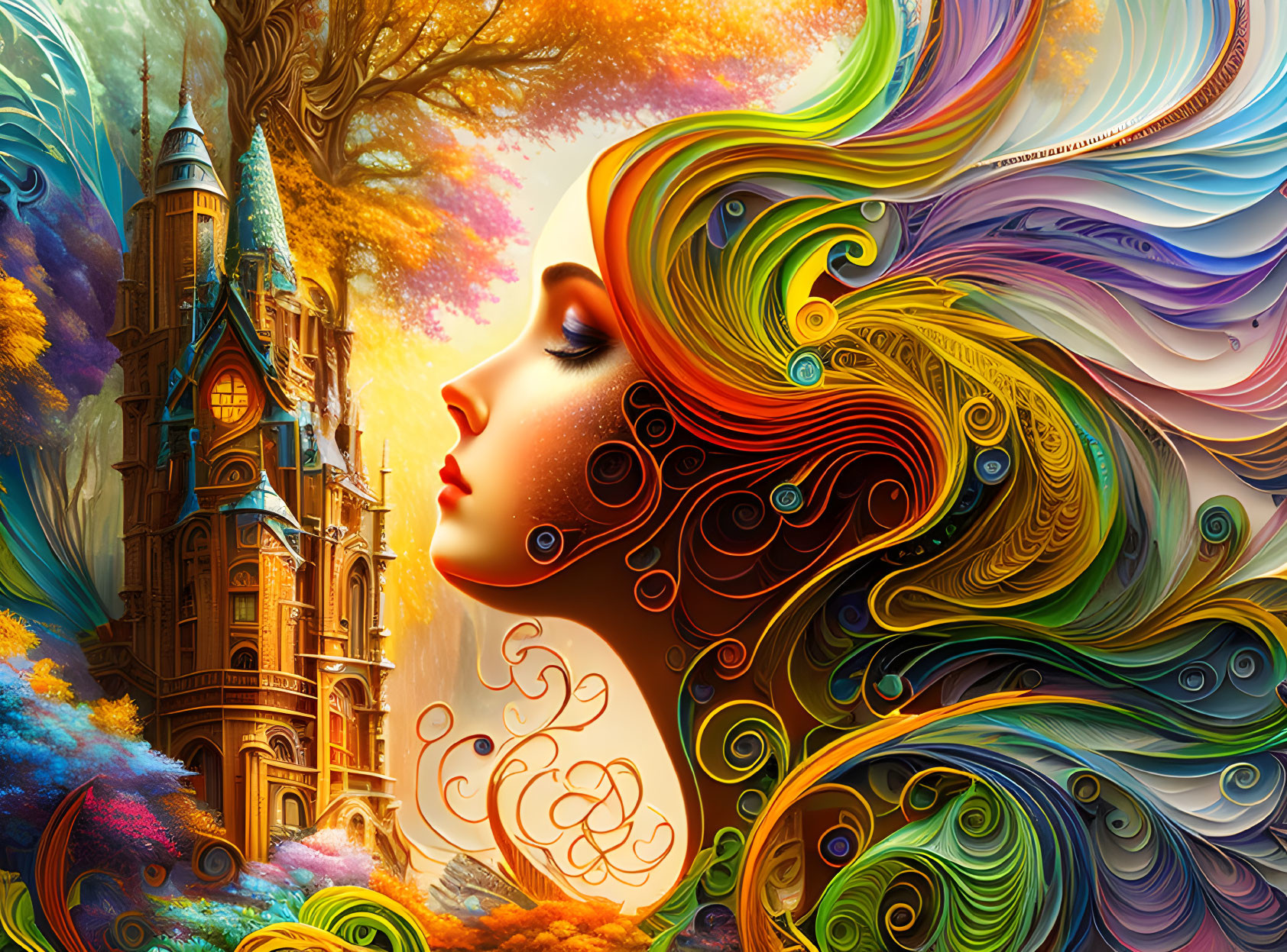 Colorful Woman with Elaborate Hair by Fantasy Castle in Autumn Landscape