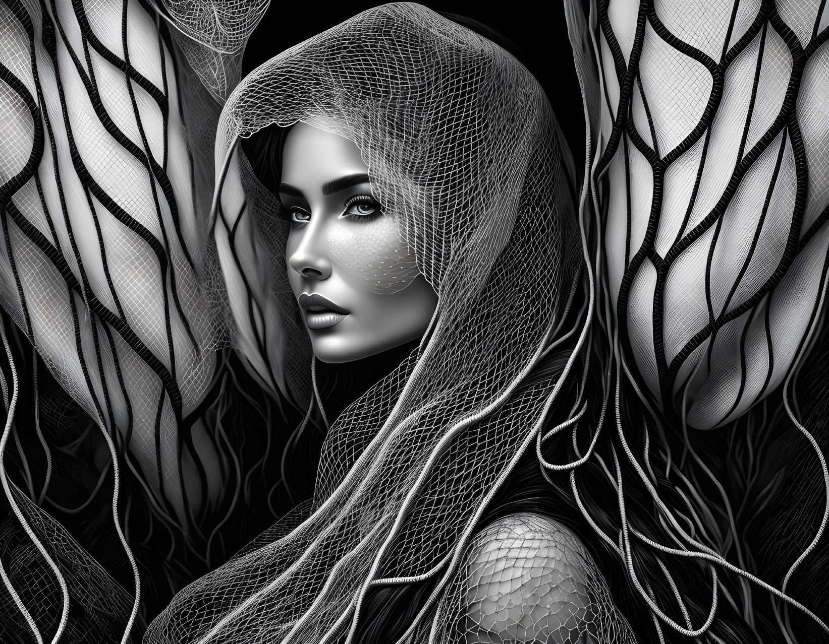 Monochrome digital artwork of woman in textured veil with abstract background