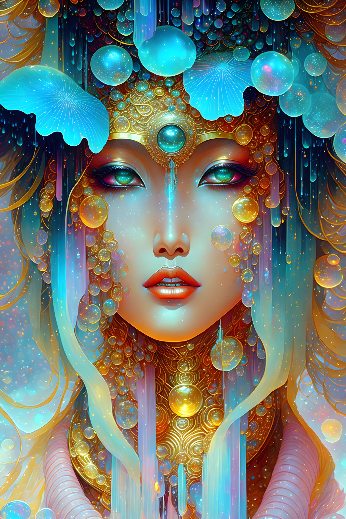 Digital artwork: Woman with golden headgear and jellyfish motifs in cosmic background