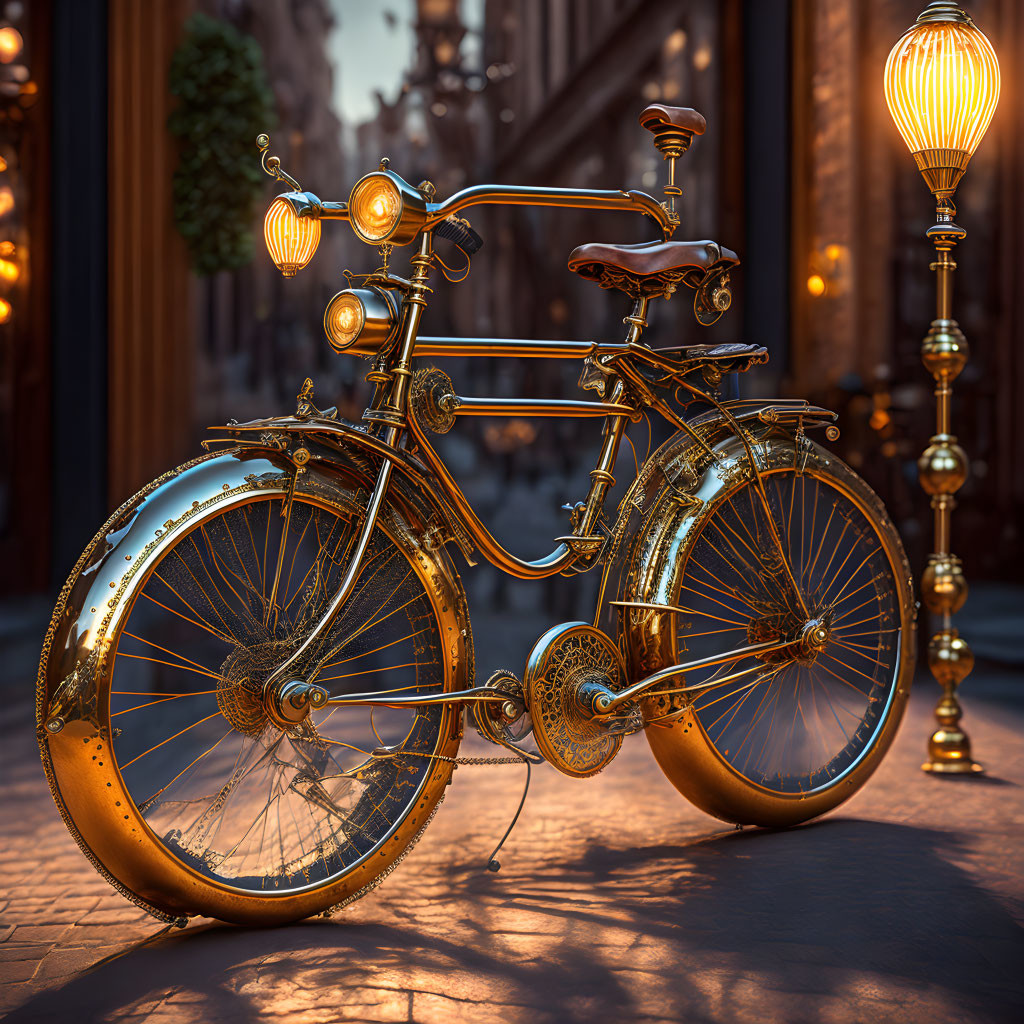 Vintage-style Bicycle with Golden Accents on Cobblestone Street at Dusk