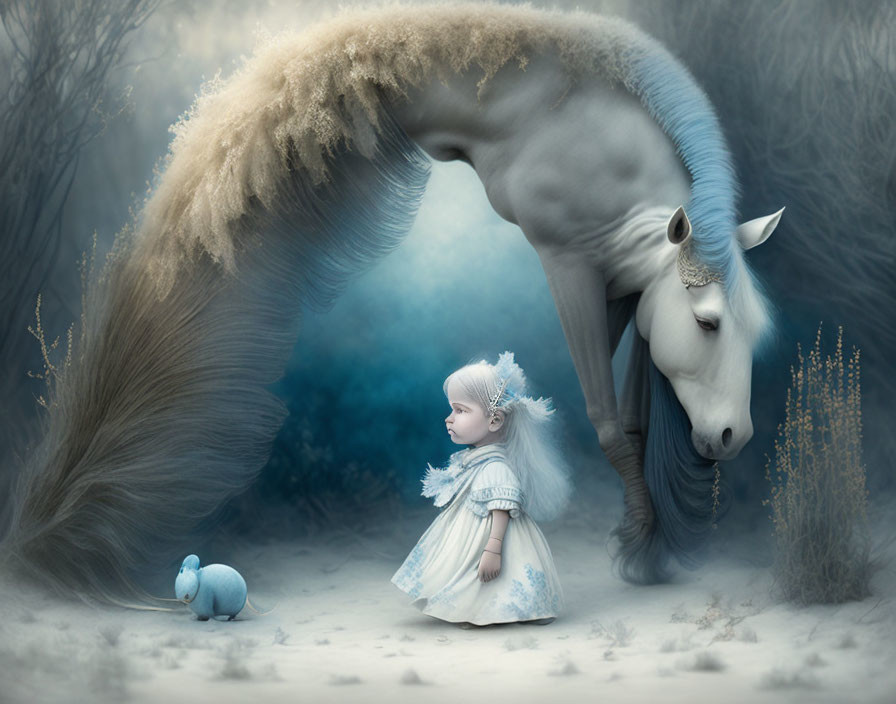 Surreal scene of small girl with white unicorn in mystical forest