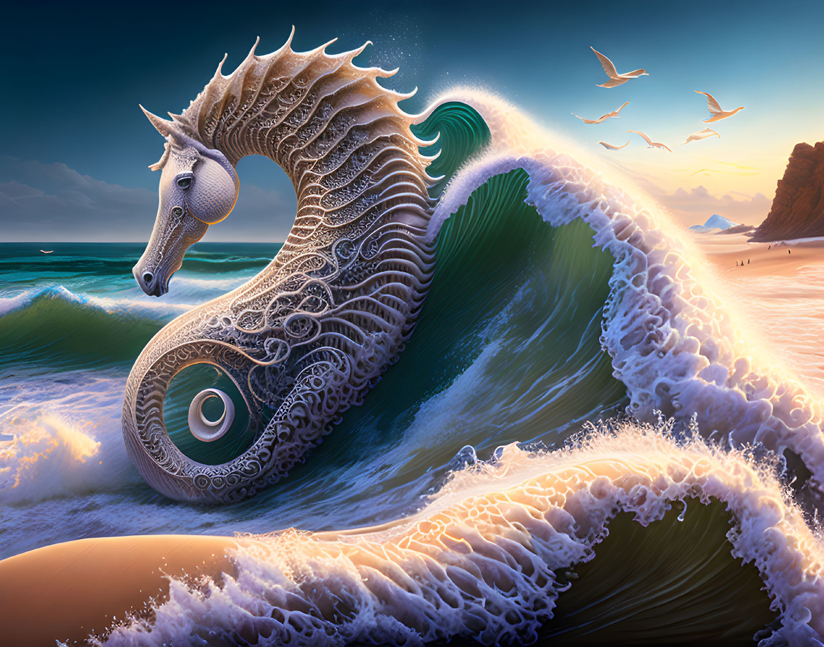 Mythical seahorse in ocean wave with seabirds and sunset beach