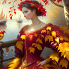 Woman in red and gold gown with autumn leaves in hair by vintage sailboat and falling leaves.