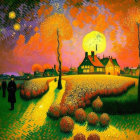 Colorful evening cityscape with silhouetted figures and glowing lanterns